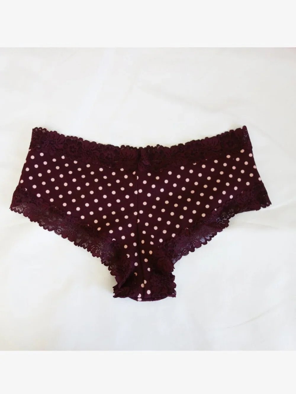 Victoria's Secret PINK WINK LACE-TRIM CHEEKY PANTY Polka Dots Burgundy (M) NWT!